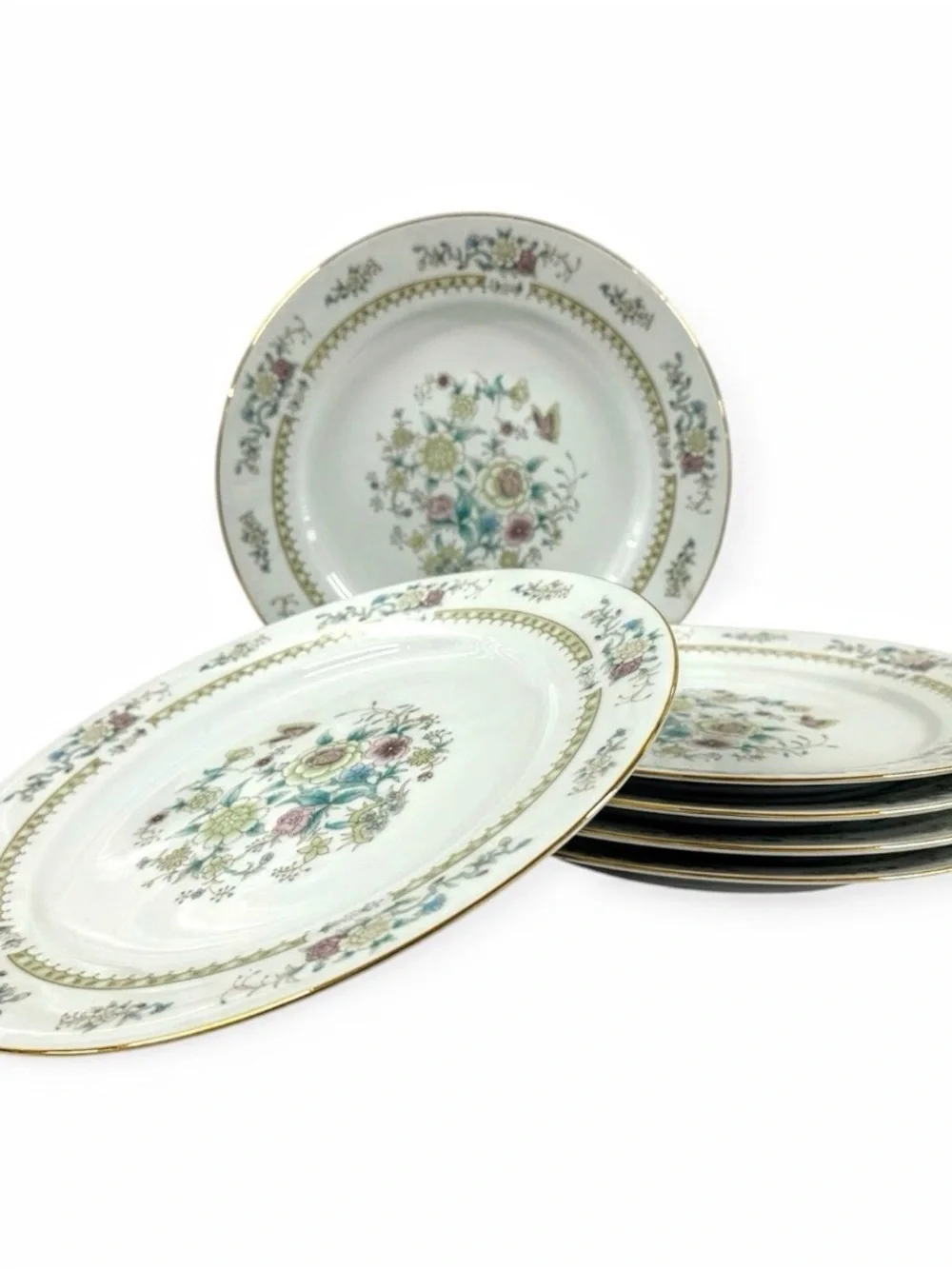Baum Bros Ming Floral Set of 6 Dinner Plates 10.5” Fine China Gold Trim